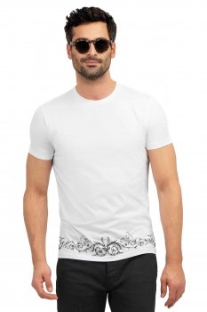 Tricou slim alb print guler rotund