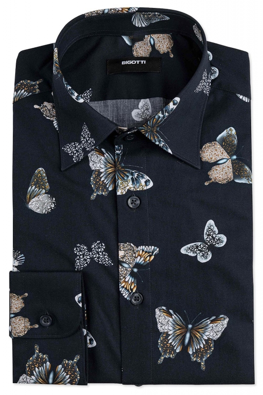 Bigotti Camasa slim bleumarin print fantasy