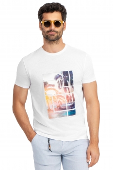 Tricou slim alb print guler rotund