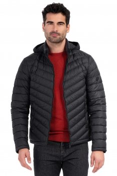 Geaca slim neagra uni cu puf si gluga detasabila