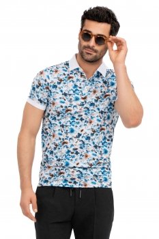 Tricou polo slim alb print floral