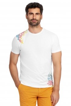 Tricou slim alb print guler rotund