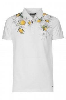 Tricou polo slim alb print