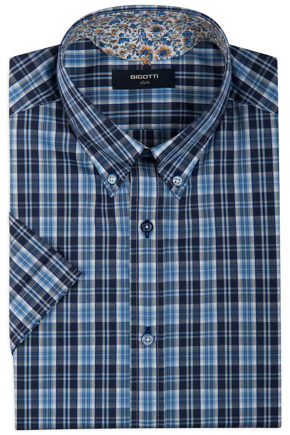 Camasa Cu Maneca Scurta Slim Bleu In Carouri Bigotti Ro