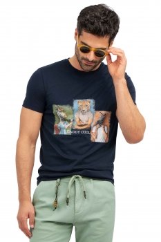 Tricou slim bleumarin print guler rotund