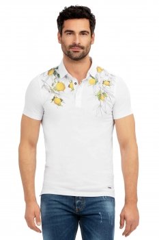 Tricou polo slim alb print