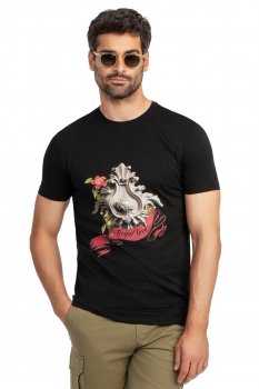 Tricou slim negru print guler rotund