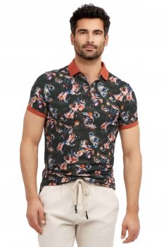 Tricou polo slim verde print floral