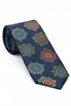 Cravata matase tesuta bleumarin print geometric