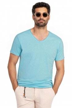 Tricou slim bleu guler in v