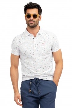 Tricou polo slim alb print geometric