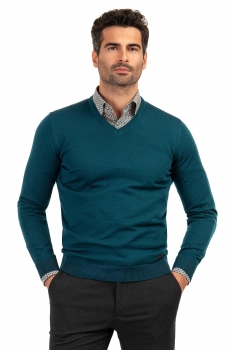 Pulover slim albastru in v