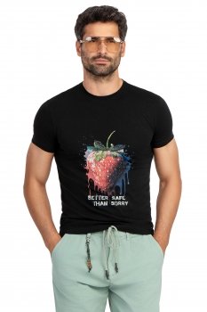 Tricou slim negru print guler rotund