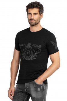 Tricou slim negru print guler rotund