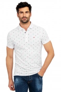 Tricou polo slim alb print geometric