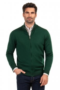 Pulover clasic fit verde cu fermoar