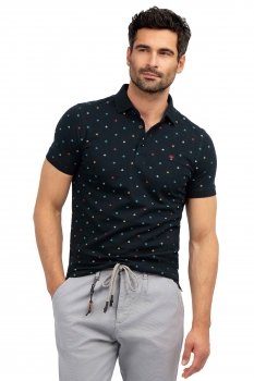 Tricou polo slim bleumarin print geometric