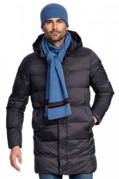 Jacheta slim bleumarin uni cu puf si gluga detasabila
