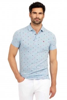 Tricou polo slim bleu print geometric