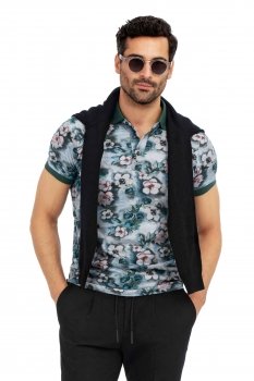 Tricou polo slim gri print floral