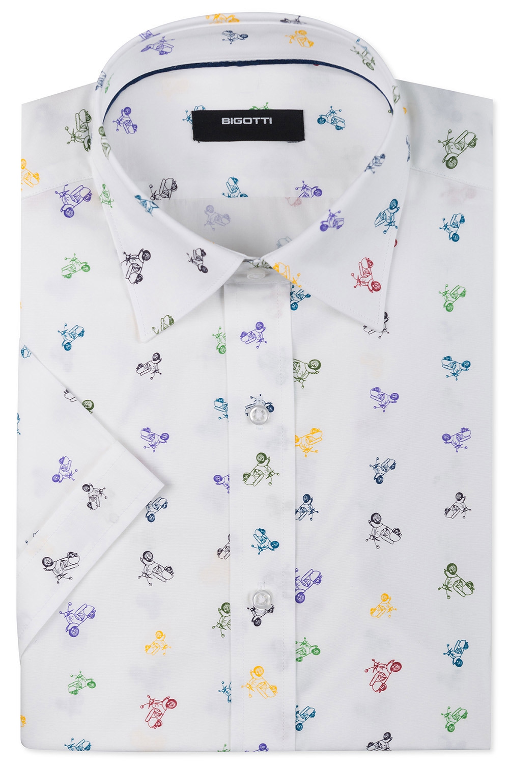 Camasa Cu Maneca Scurta Slim Alba Print Geometric Bigotti Ro