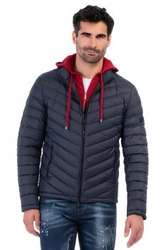 Geaca slim bleumarin uni cu puf si gluga detasabila