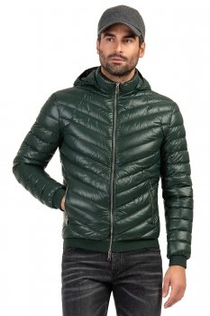 Geaca slim verde cu puf si gluga detasabila