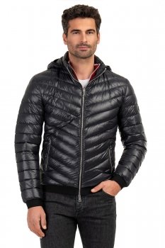 Geaca slim neagra cu puf si gluga detasabila