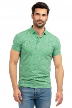 Tricou polo slim verde print geometric